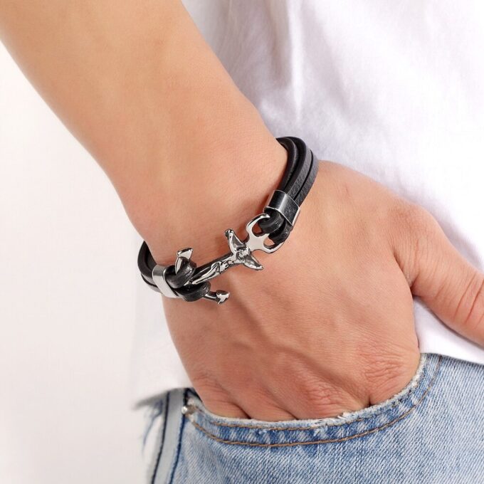 Bracelet ancre homme cuir argent